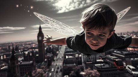 A captivating surreal infrared image depicts a young boy with fair skin seemingly flying above the London skyline, trailed by