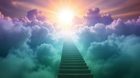 A surreal stairway ascends through dreamy, smoky clouds towards a radiant celestial light, symbolizing a journey of spiritual