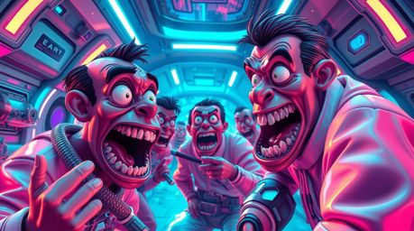 Experience a hilarious gross-out comedy scene set in a futuristic sci-fi world. The scene features characters with exaggerate