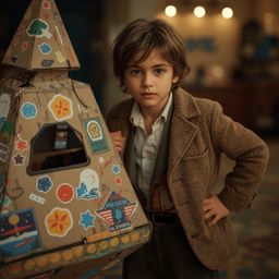 Exquisite high-fashion photography captures a young boy with a curious expression, confidently posing next to his meticulousl