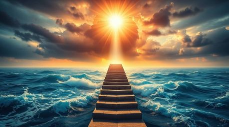 A dramatic staircase rises from a vibrant ocean towards a stormy sky illuminated by a divine sunburst, creating an epic and s