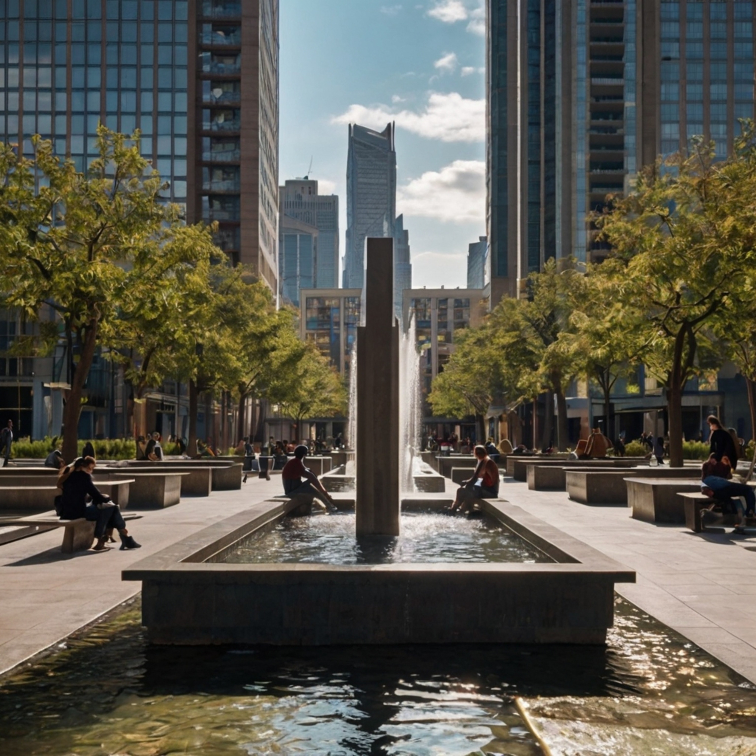 This vibrant urban plaza features a striking modern sculpture and playful fountains, offering a refreshing oasis in the heart