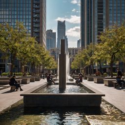 This vibrant urban plaza features a striking modern sculpture and playful fountains, offering a refreshing oasis in the heart