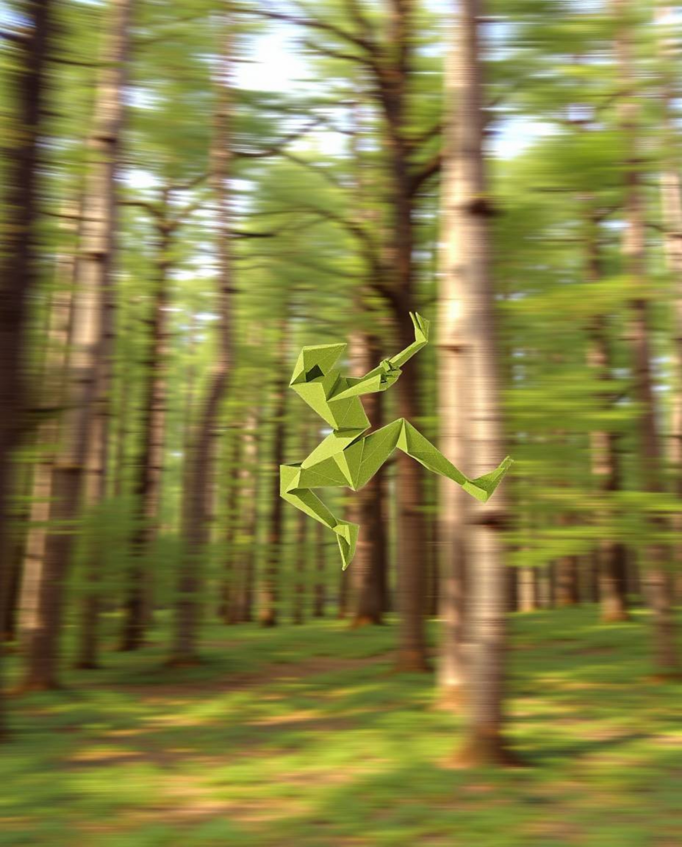 Experience the captivating blend of intricate origami style and dynamic motion in this digital art piece. A natural forest sc