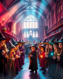 Experience a vibrant and magically lit school brimming with young wizards. The scene features complementary colors and a bala