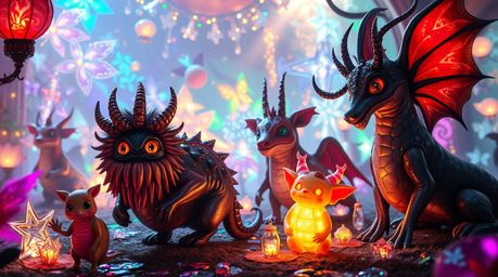 Explore a whimsical fantasy kingdom brimming with quirky magical creatures, brought to life through captivating light art. Wi