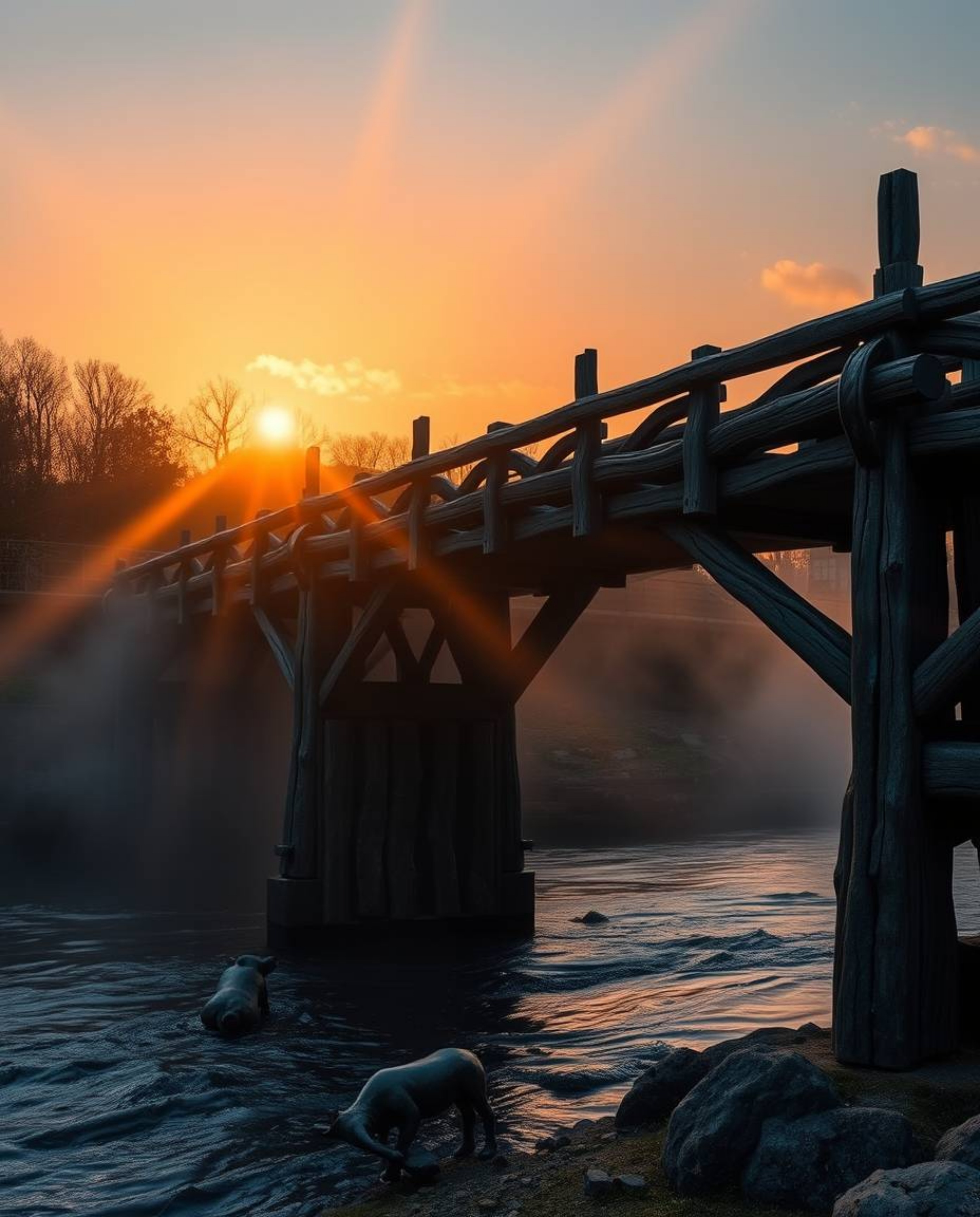 A cast bronze sculpture of an old wooden bridge over a river at sunset, showcasing stunning volumetric lighting with visible 