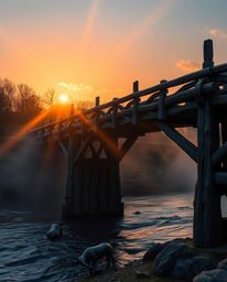 A cast bronze sculpture of an old wooden bridge over a river at sunset, showcasing stunning volumetric lighting with visible 