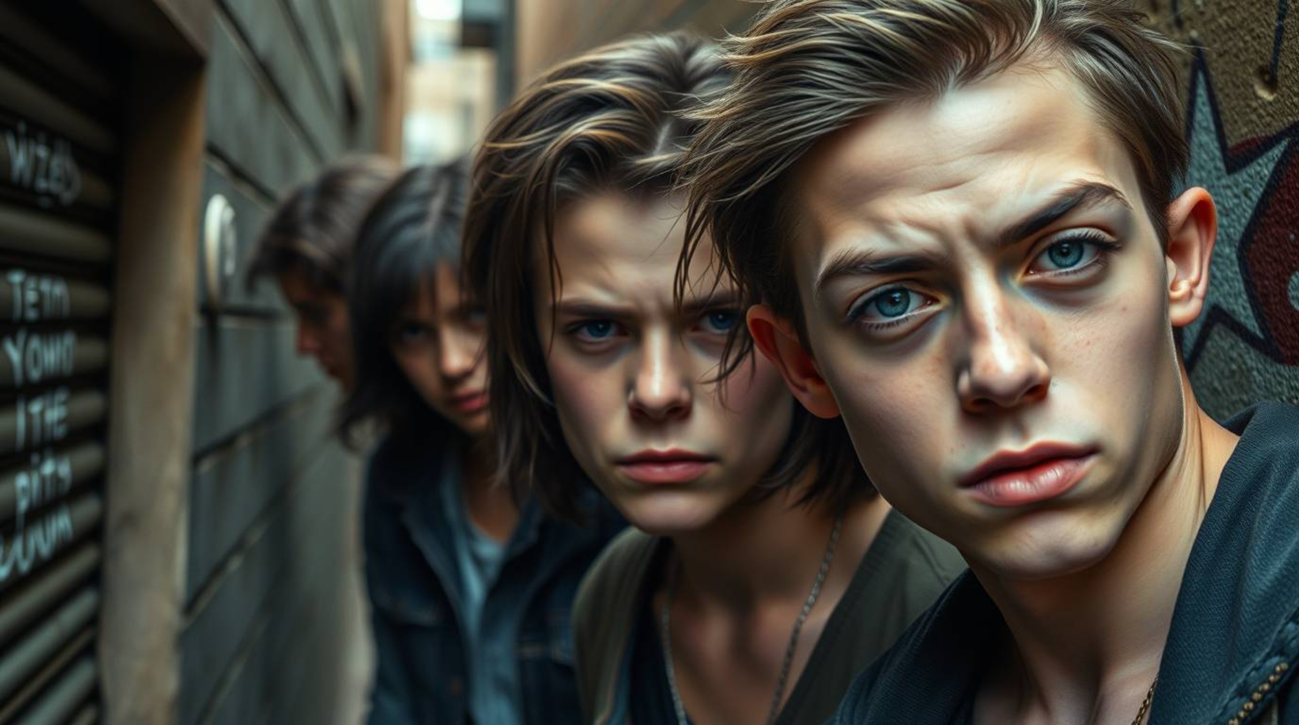 This high-resolution stock photo captures a tight close-up of rebellious teens in a grungy city alley.  The image boasts inte