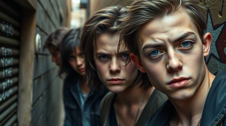 This high-resolution stock photo captures a tight close-up of rebellious teens in a grungy city alley.  The image boasts inte
