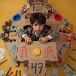 A high fashion photography series capturing a young boy's imaginative play as he builds a colorful cardboard spaceship in a v