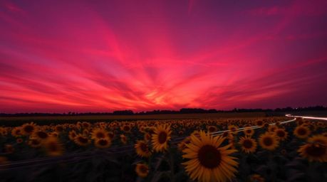 A captivating high-angle long-exposure photograph showcases a vast sunflower field bathed in the dramatic hues of a deep red 