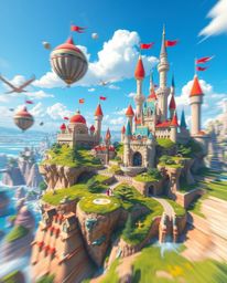 Explore a vibrant fantasy realm filled with colorful floating islands and majestic castles. This dynamic artwork showcases b