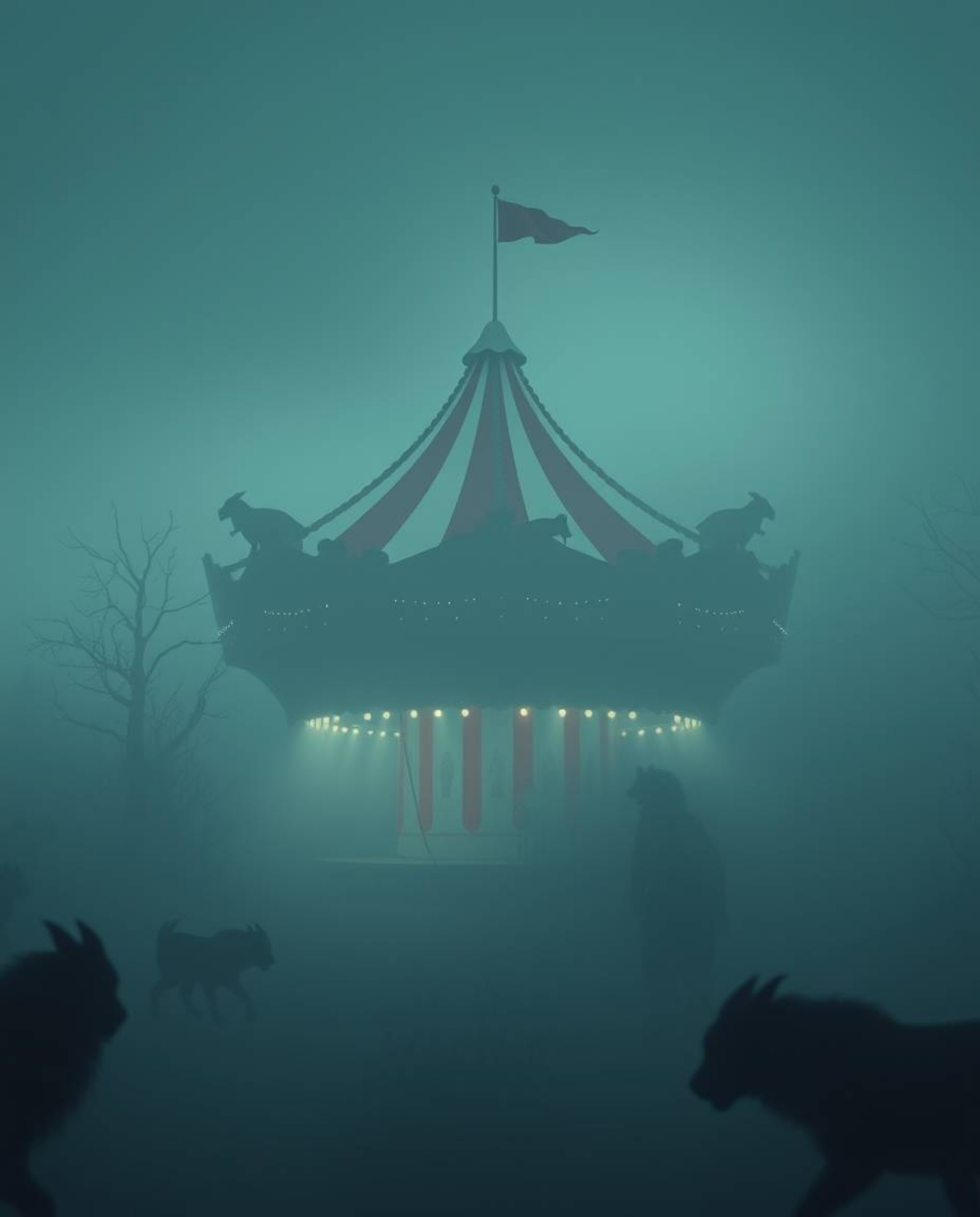 Experience a dramatic cinematic scene of a carnival overtaken by wild animals, shrouded in thick fog and presented in a moder