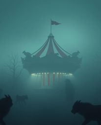 Experience a dramatic cinematic scene of a carnival overtaken by wild animals, shrouded in thick fog and presented in a moder