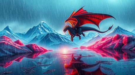 Witness a breathtaking scene as a dragon and its rider soar above majestic icy mountains, all brought to life with vibrant, e