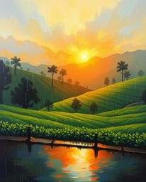 A painting depicting a sunset over terraced tea plantations on a wet rainy day. The scene is characterized by drizzling rain 
