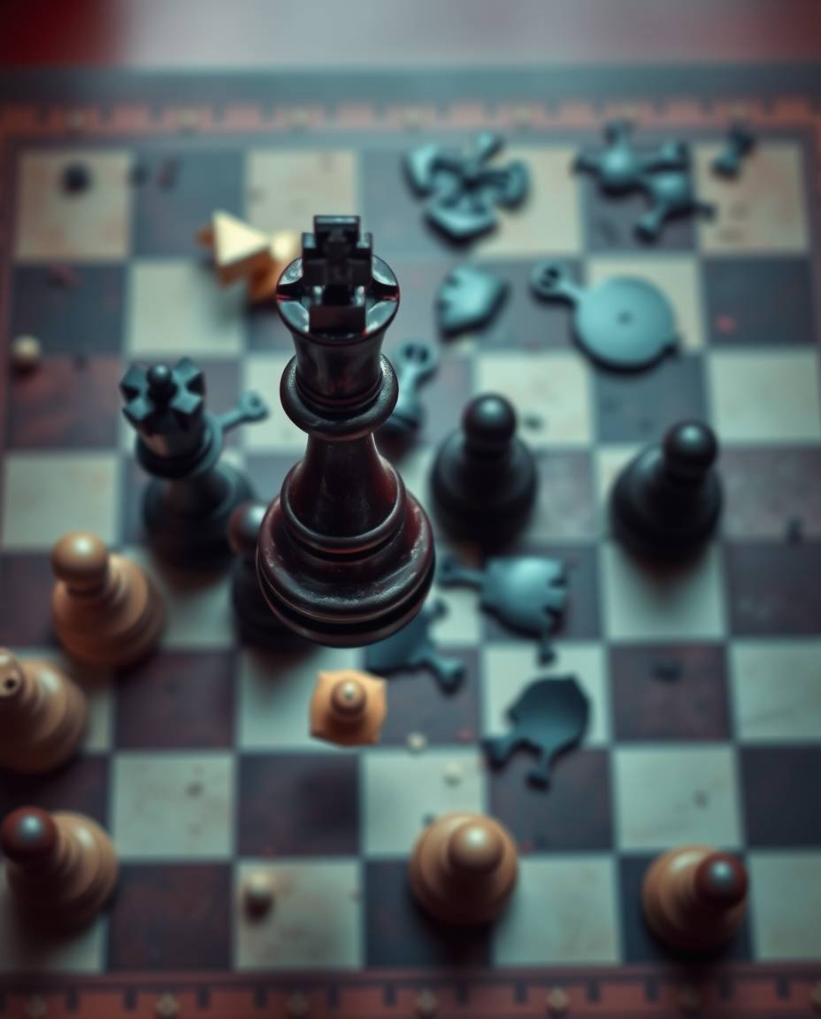 A captivating high-angle shot depicts a chessboard frozen in time, pieces suspended mid-air in a moment of dramatic destructi