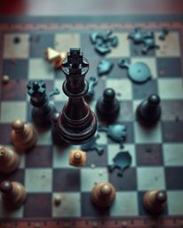 A captivating high-angle shot depicts a chessboard frozen in time, pieces suspended mid-air in a moment of dramatic destructi