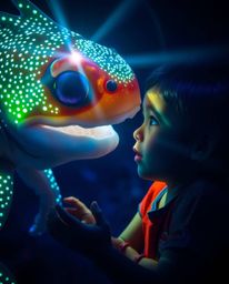 A captivating image depicts a child's awe-inspiring encounter with a bioluminescent sea creature. Vibrant colors and a moody