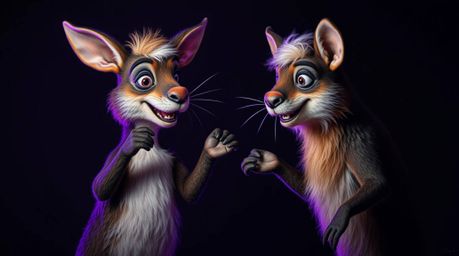 A delightful scene featuring a duo of talking animals engaging in playful mischief. The composition is brought to life by dee