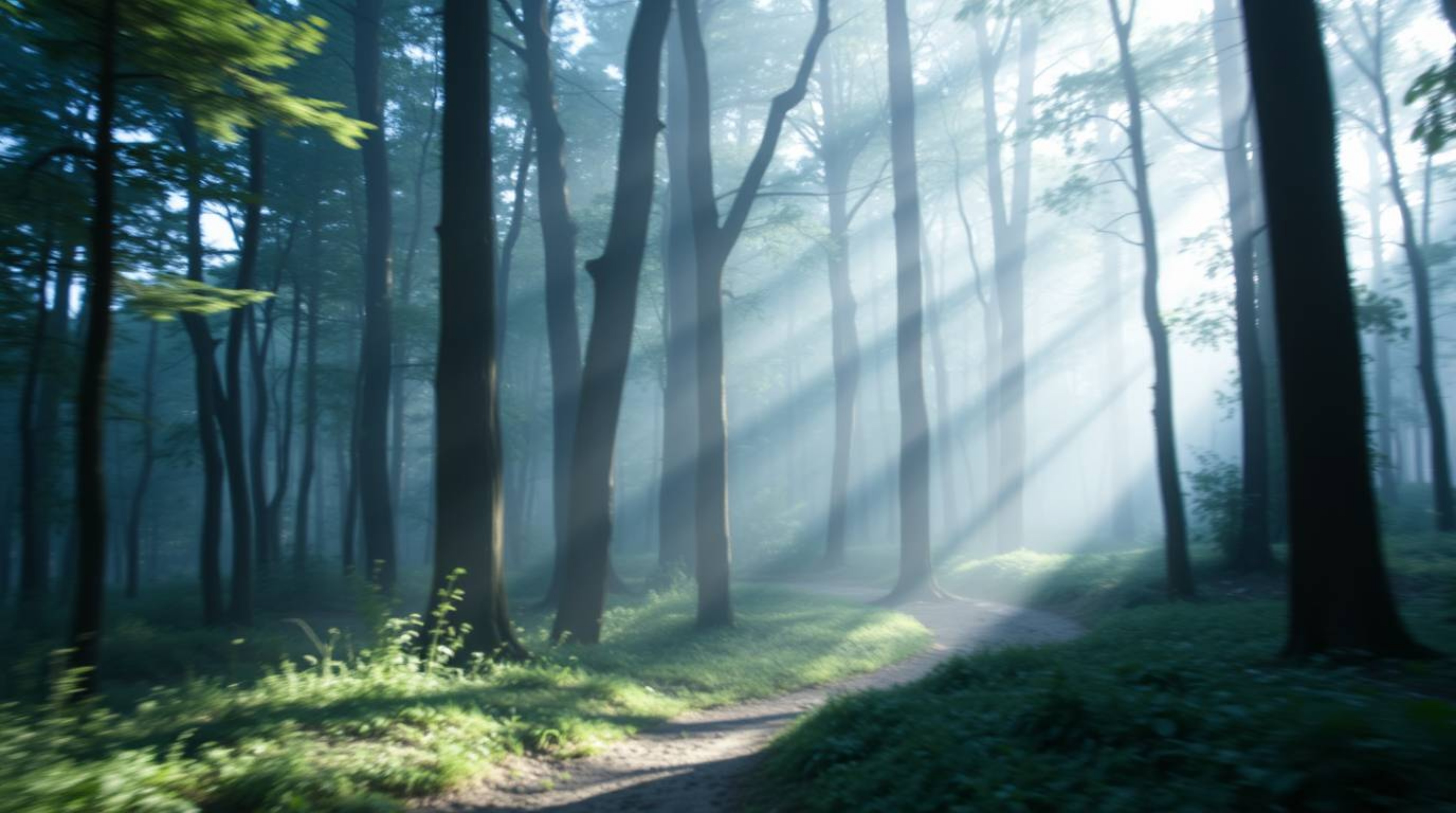 Immerse yourself in a visually captivating chase scene through a looping forest, bathed in gentle, soft light with cool color