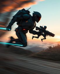 Futuristic sci-fi depiction: dynamic motion, blurred lines, action poses, advanced technology, space elements, Tuscany sunset