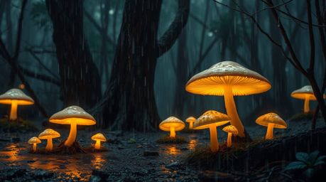 A captivating 16:9 image depicting a vintage-style enchanted forest scene.  Glowing mushrooms illuminate the path as a gentle