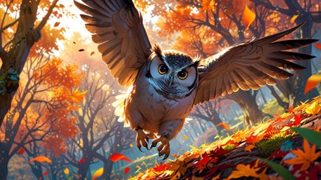 In a visually stunning and dynamic scene that blends the styles of Pixar and anime, a wise blind owl is captured mid-air, tea