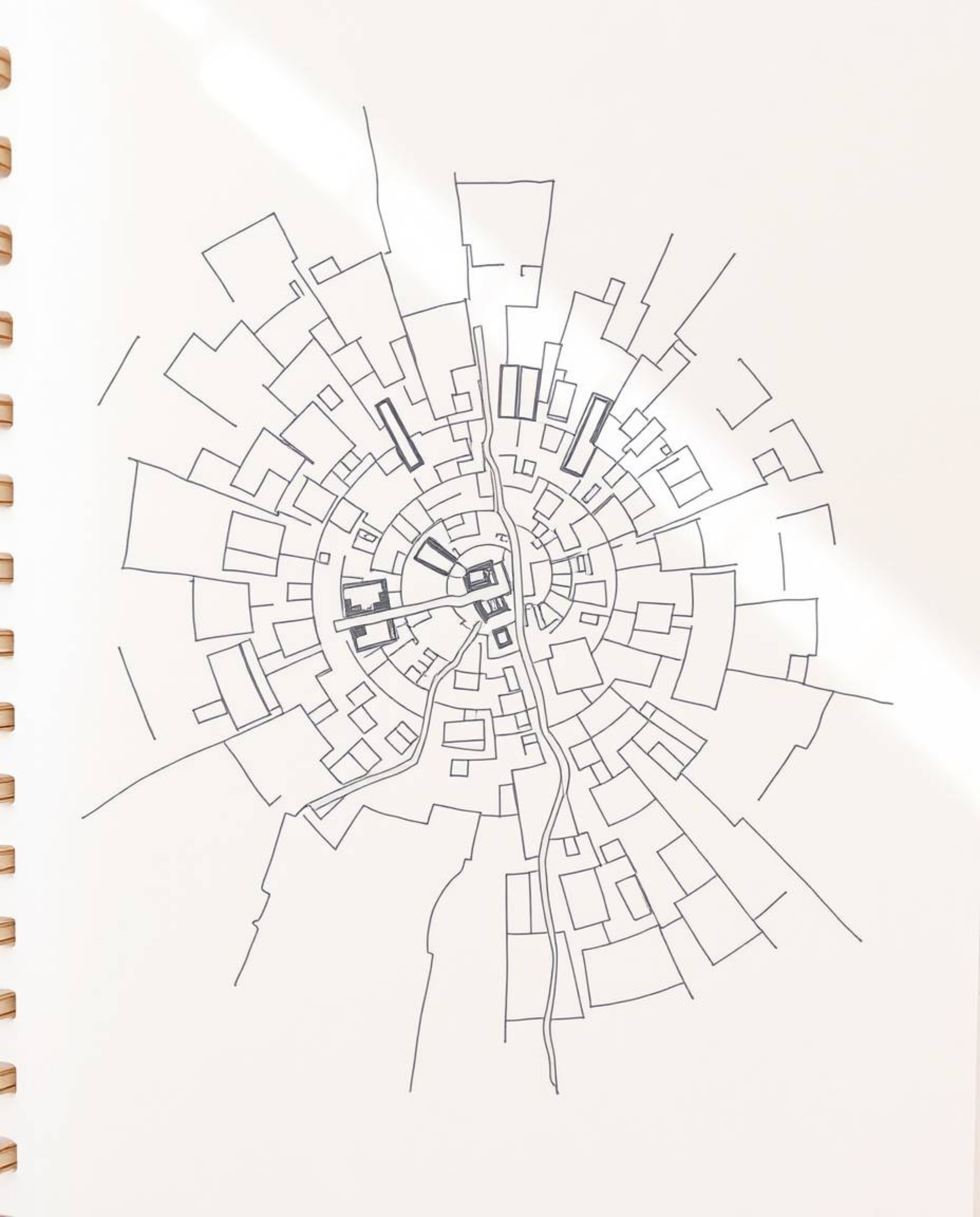 Explore a captivating abstract city map rendered in a hand-drawn sketch style. This top-down view showcases a unique urban la
