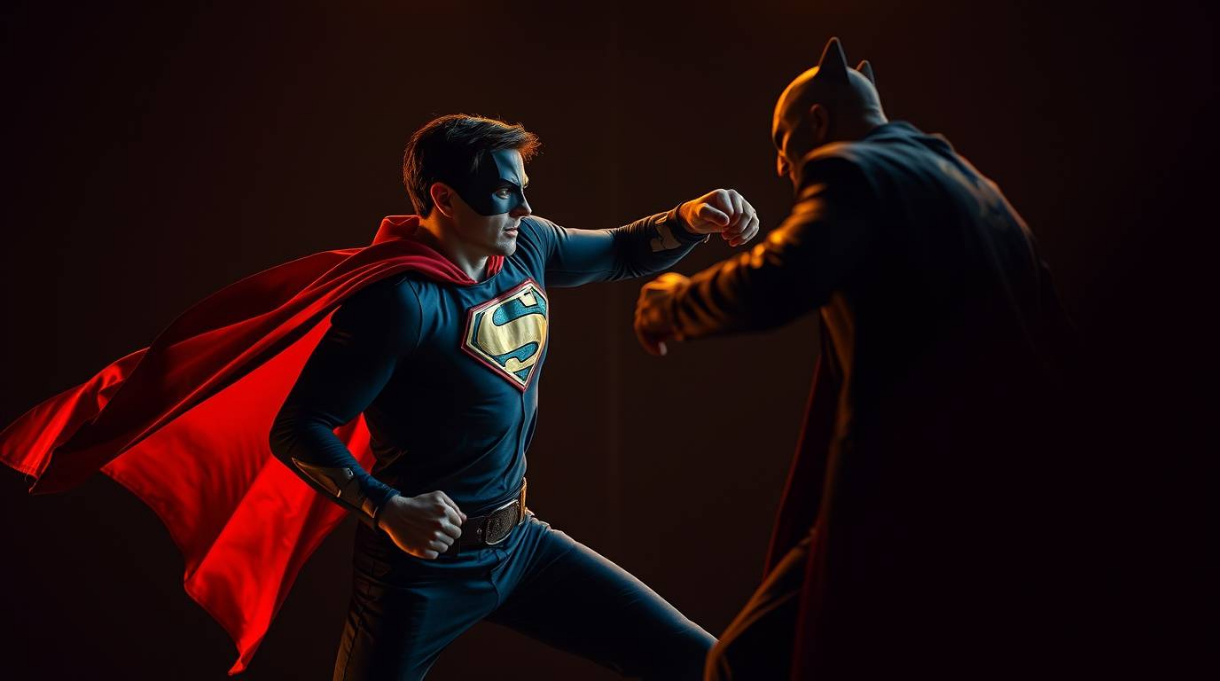 A captivating photo depicts a superhero in a dramatic showdown with a comical villain.  The image utilizes high-contrast, low