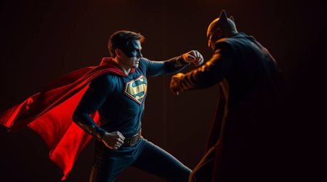 A captivating photo depicts a superhero in a dramatic showdown with a comical villain.  The image utilizes high-contrast, low