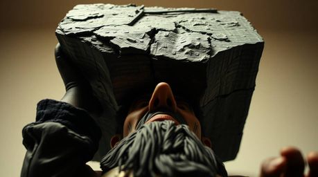 Experience a dramatic scene featuring a sculpted papier-mâché anvil poised to descend upon a trickster character. This low-an