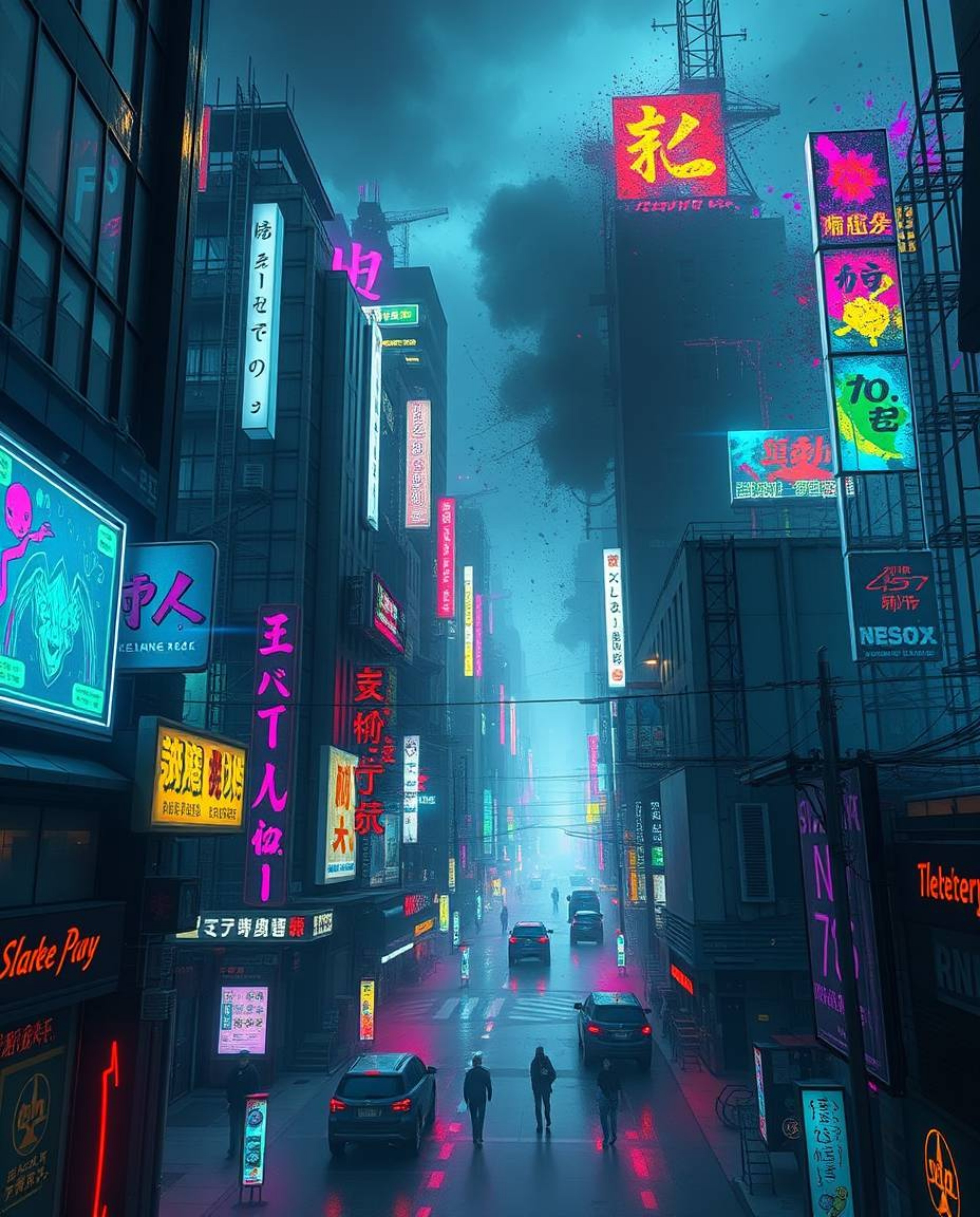 This high-resolution stock photo depicts a captivating cyberpunk cityscape, characterized by vibrant neon splashes against a 