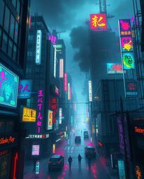 This high-resolution stock photo depicts a captivating cyberpunk cityscape, characterized by vibrant neon splashes against a 