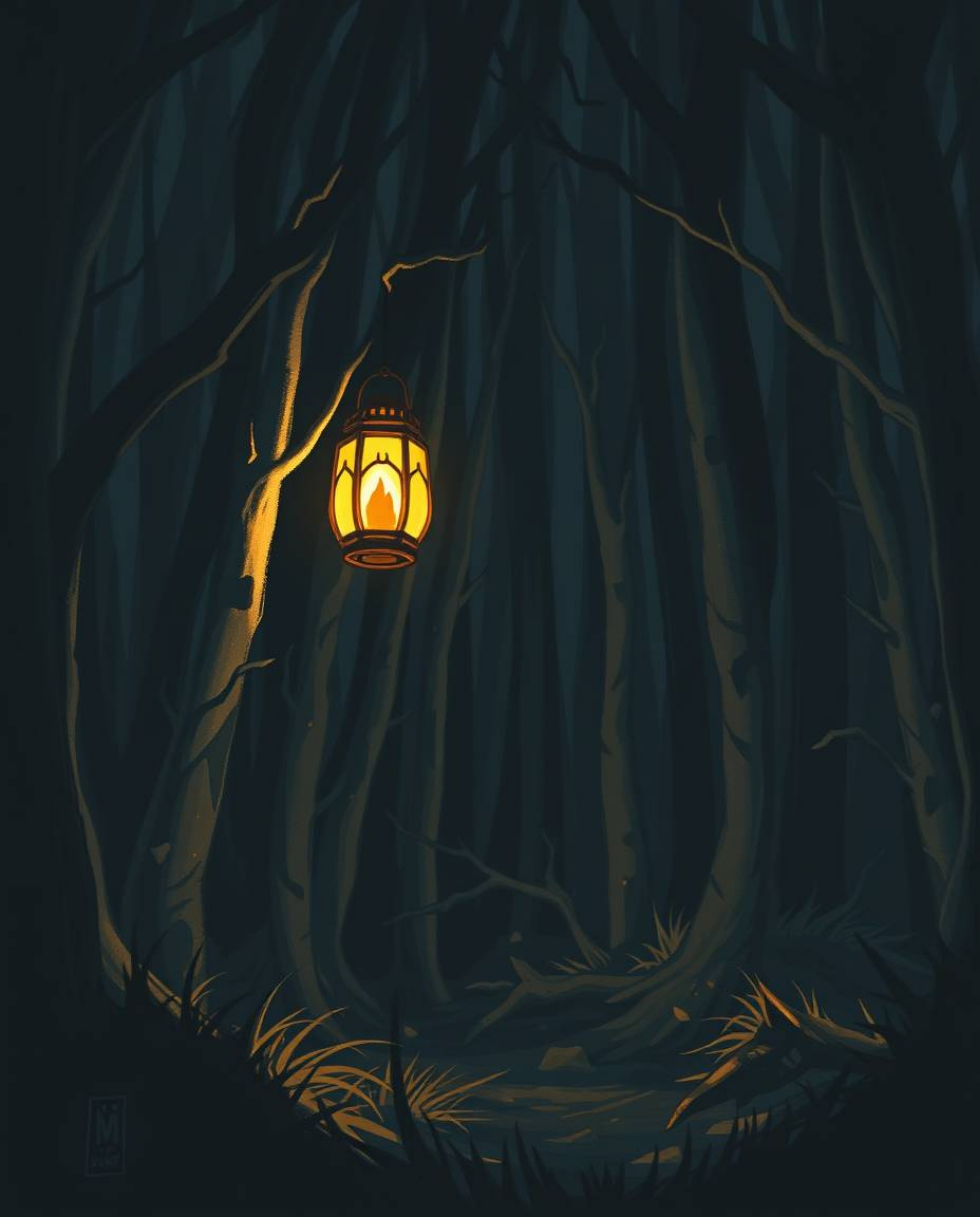 A captivating moody illustration depicts a glowing lantern in a dark, mysterious forest.  The image features low contrast, bl