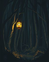 A captivating moody illustration depicts a glowing lantern in a dark, mysterious forest.  The image features low contrast, bl
