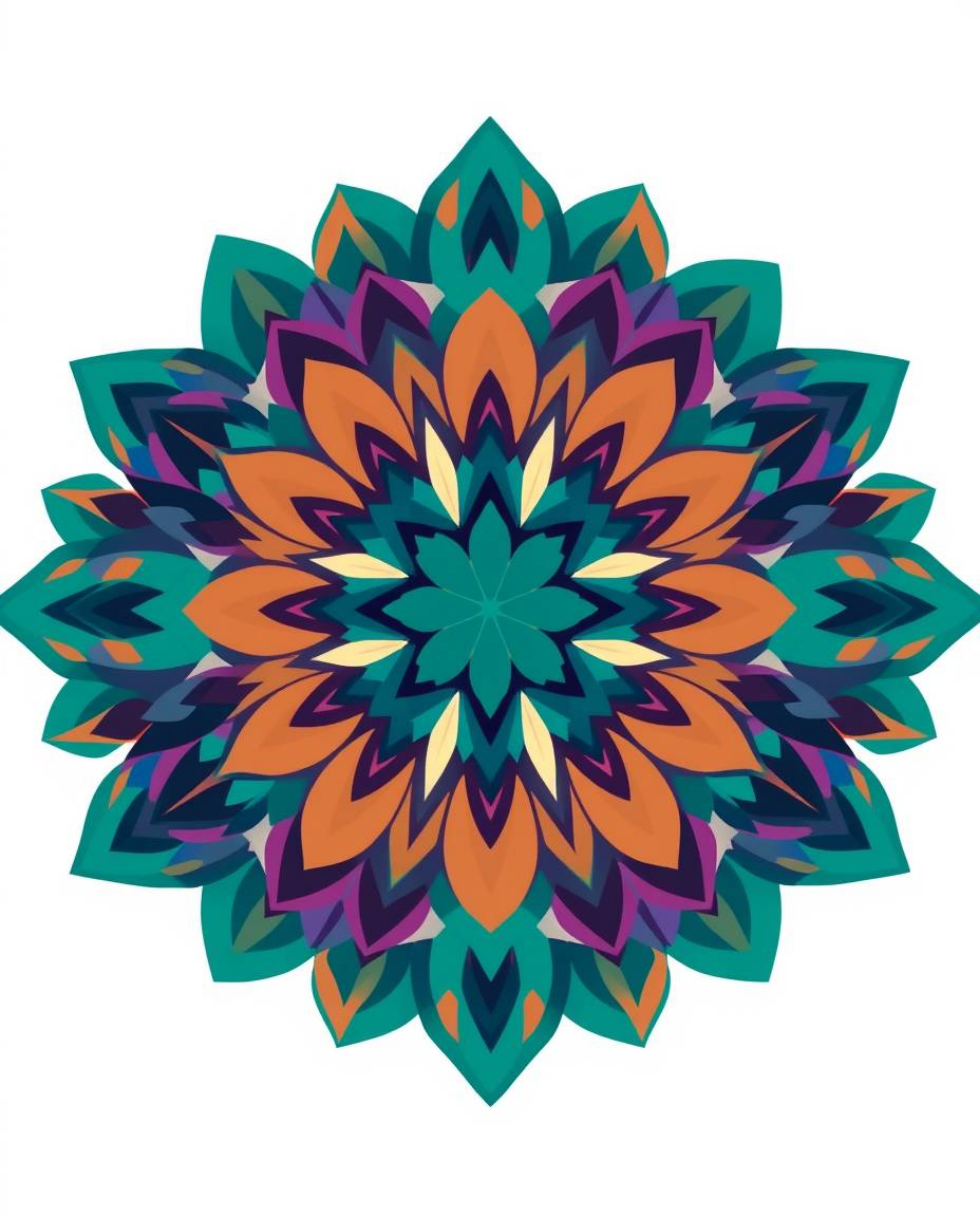 This modern flat design illustration showcases a captivating geometric floral mandala, boasting vibrant colors and a perfectl