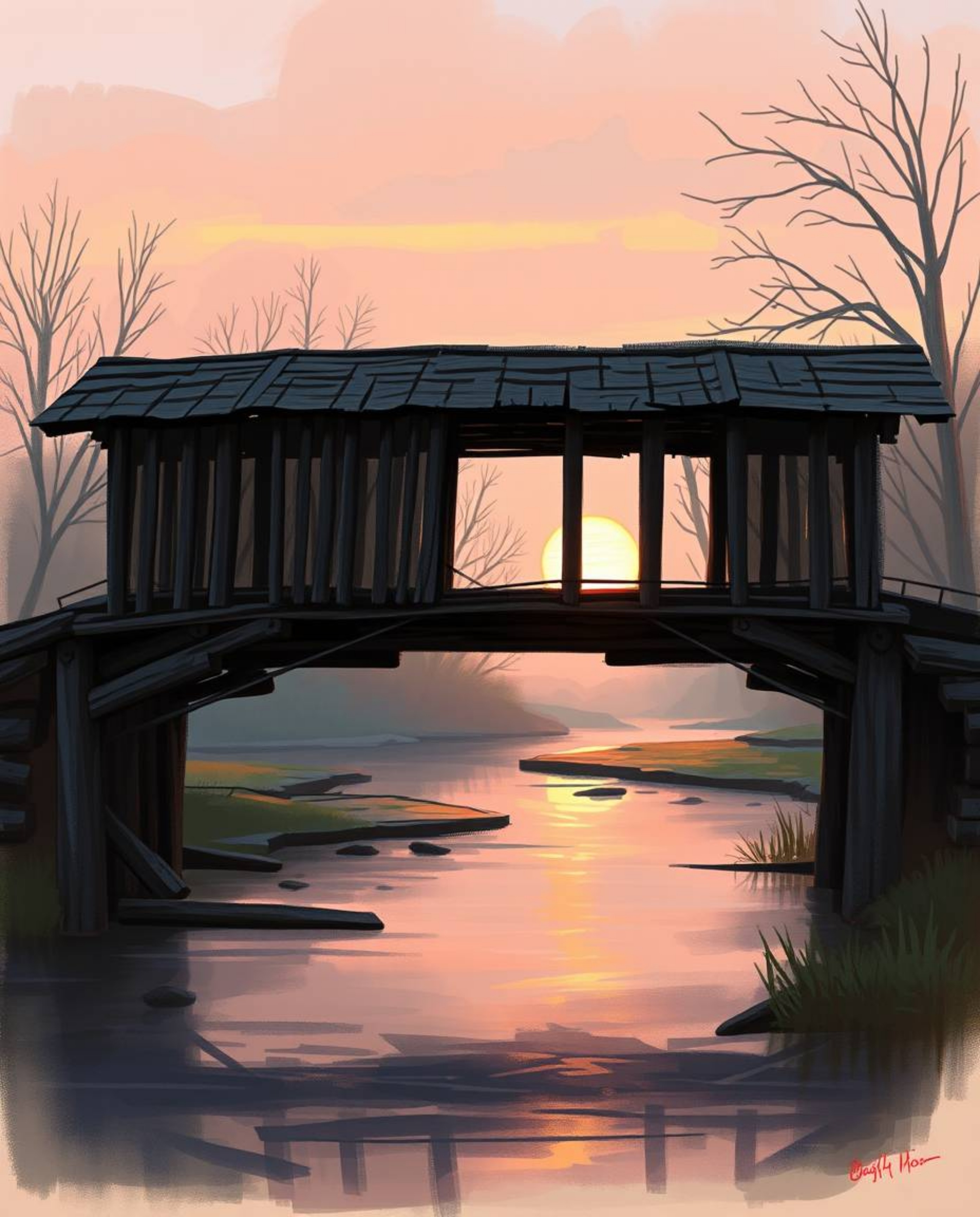This is a digital sketch of an old wooden bridge over a river at sunset, created with loose, painterly strokes. The artwork u