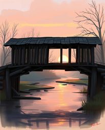 This is a digital sketch of an old wooden bridge over a river at sunset, created with loose, painterly strokes. The artwork u