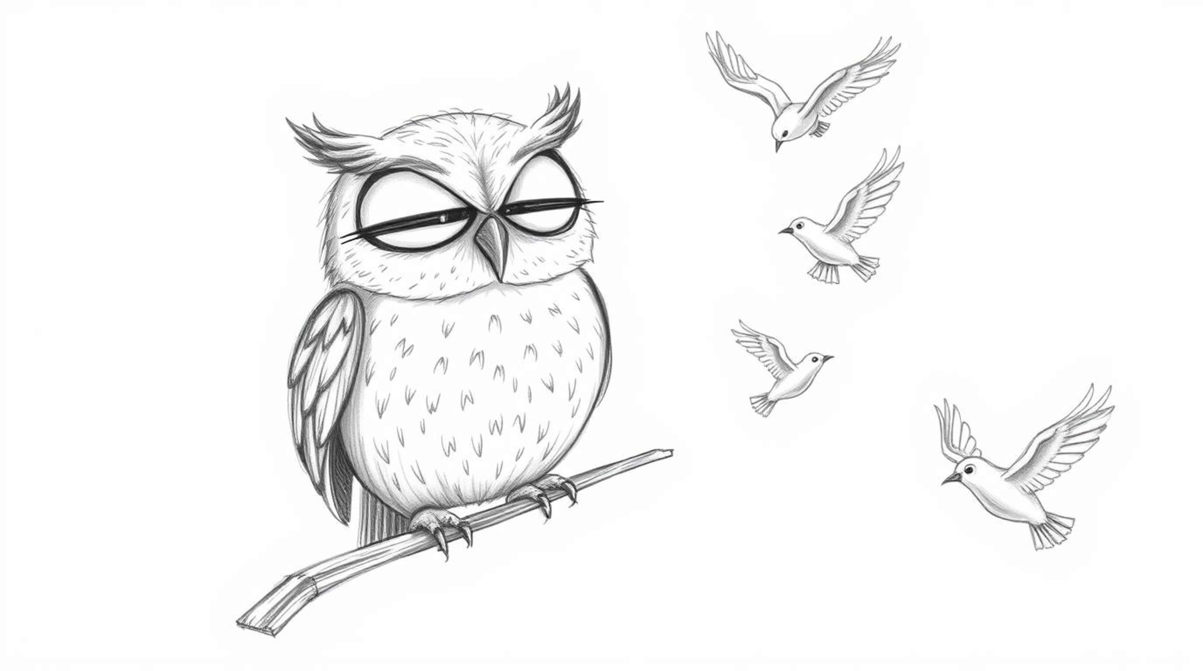 A heart-warming hand-drawn sketch in Pixar style depicts a wise-looking blind owl with gentle facial features guiding a diver