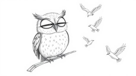 A heart-warming hand-drawn sketch in Pixar style depicts a wise-looking blind owl with gentle facial features guiding a diver