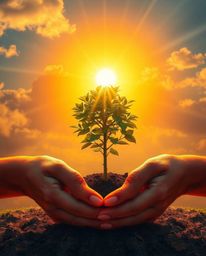 A captivating digital art piece depicts graceful hands planting a tree under a vibrant golden sky.  Rendered in electric colo