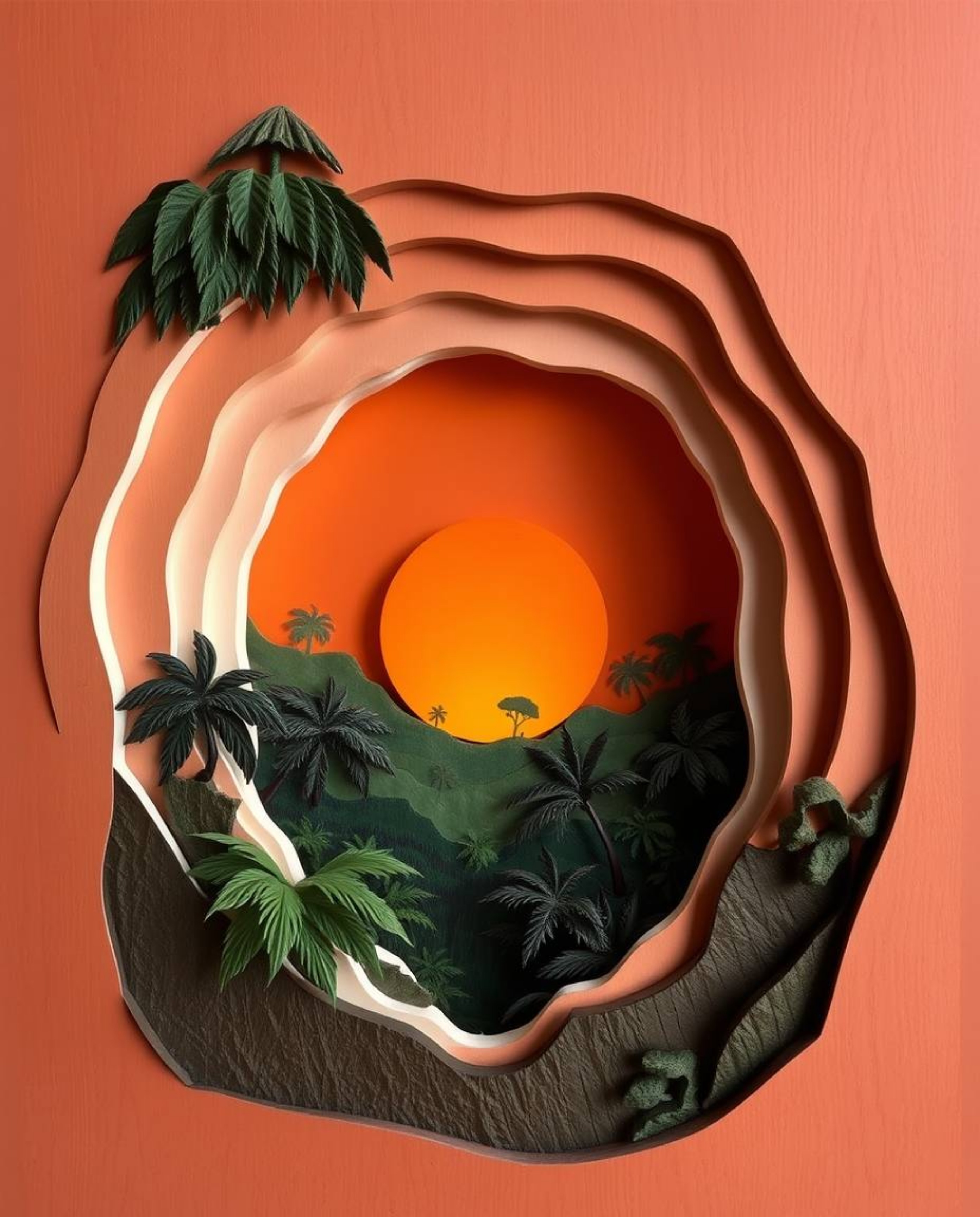 A layered papier-mâché sculpture depicting a sunset through a dense jungle canopy. This unique artwork showcases smooth gradi