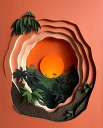 A layered papier-mâché sculpture depicting a sunset through a dense jungle canopy. This unique artwork showcases smooth gradi