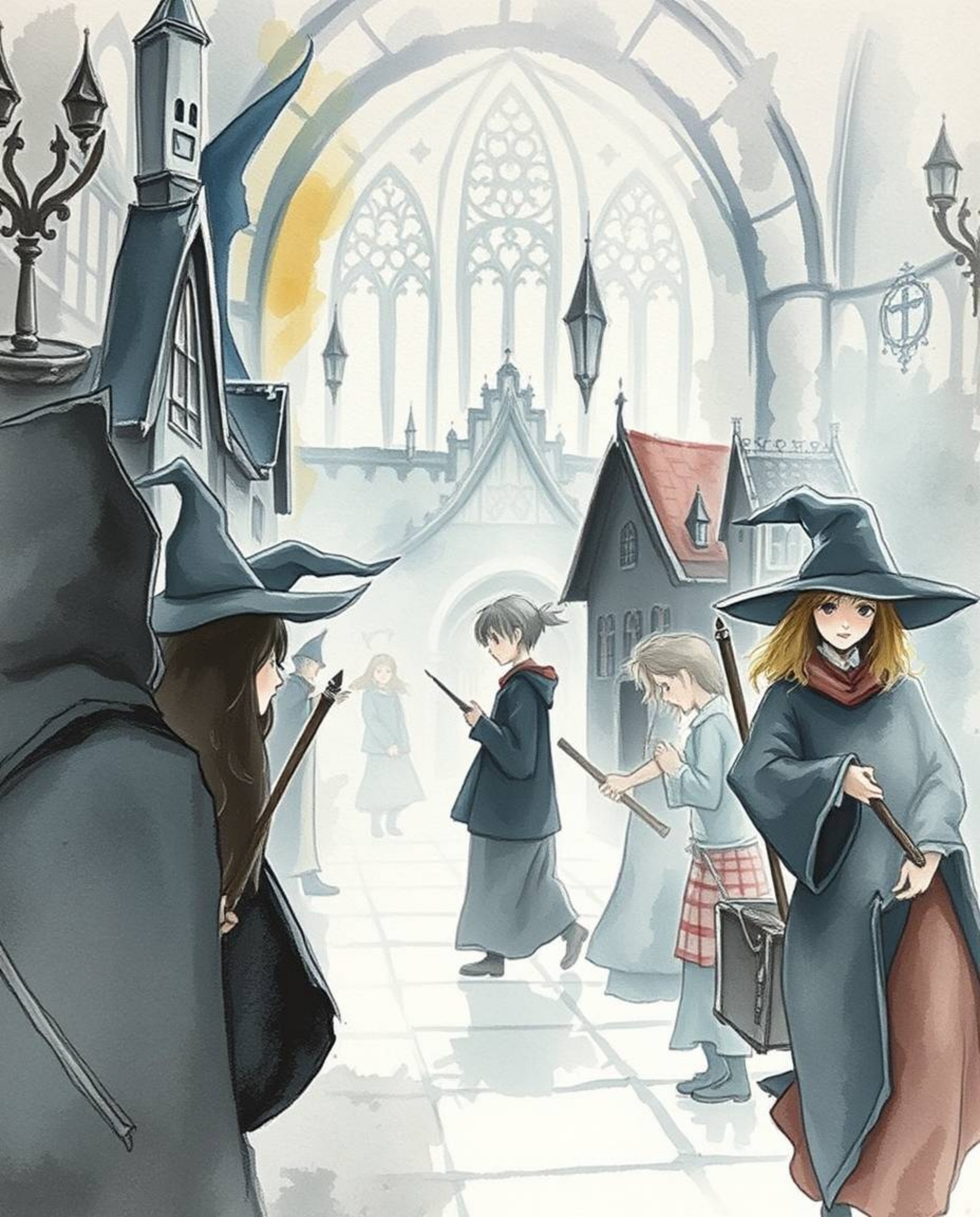 Explore a delicate watercolor painting depicting a magical school brimming with young wizards. This moody artwork utilizes lo
