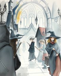 Explore a delicate watercolor painting depicting a magical school brimming with young wizards. This moody artwork utilizes lo