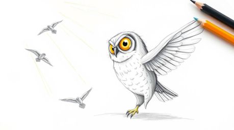 A heartwarming Pixar-style sketch depicts a blind owl with luminous feathers bathed in a sunbeam, passionately guiding young 
