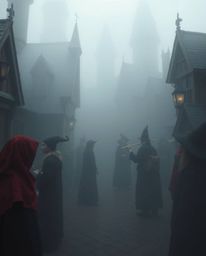 Explore a tightly focused close-up view of a magical school teeming with young wizards, almost entirely obscured by a dense,