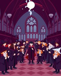 Explore a captivating magical school rendered in a contemporary flat design, brimming with young wizards honing their skills.